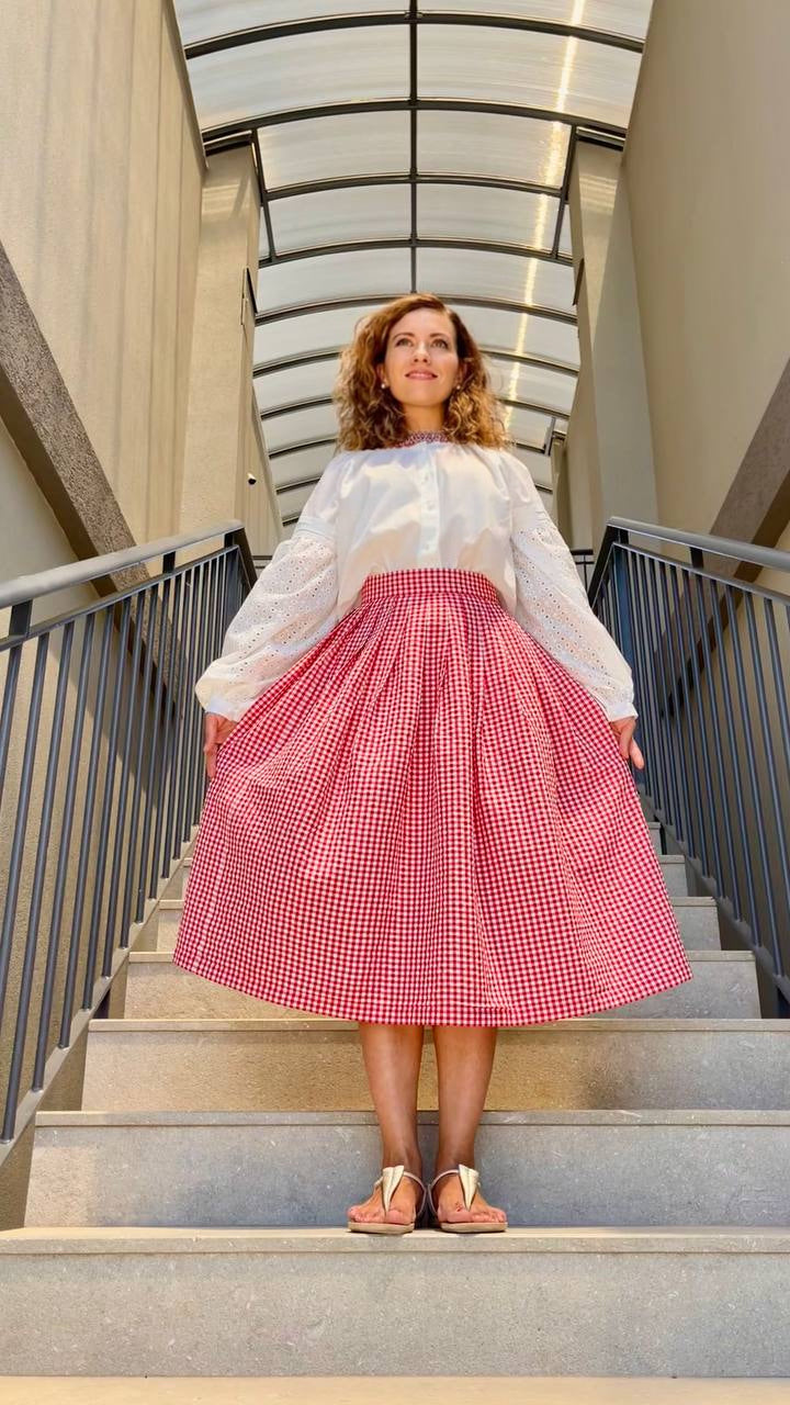 Romantic Midi Skirt – A-Line, High-Waisted, in Red Gingham