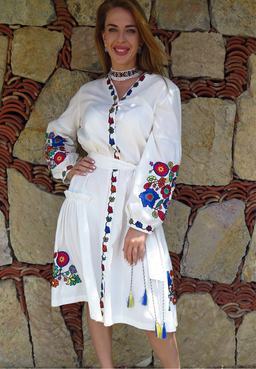 Dress with Belt “Kvіtana” — White Embroidered Midi Dress