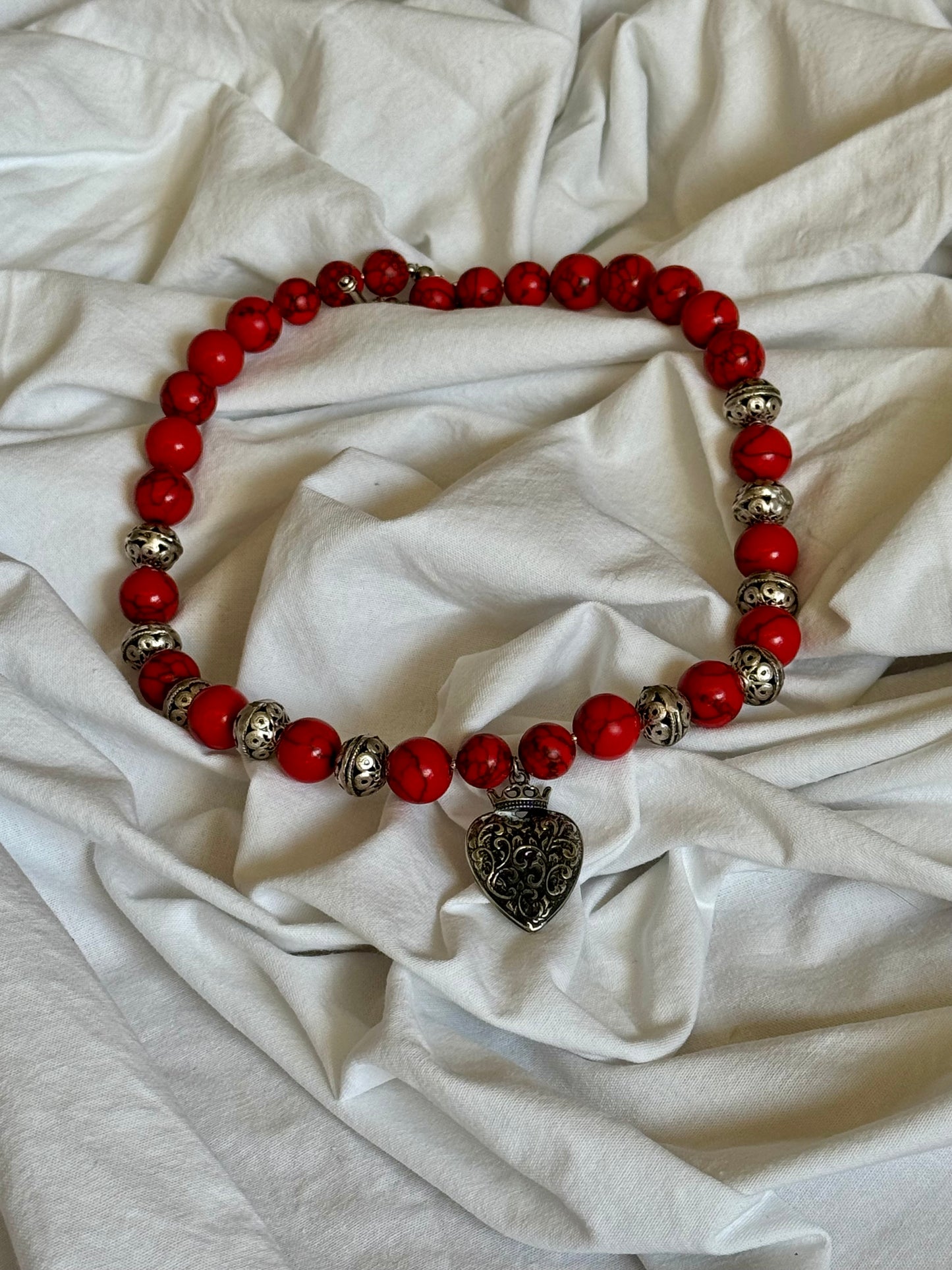 Heart of Heritage – Red Howlite Beaded Necklace with Silver Dukach Pendant | Goya Concept Jewelry