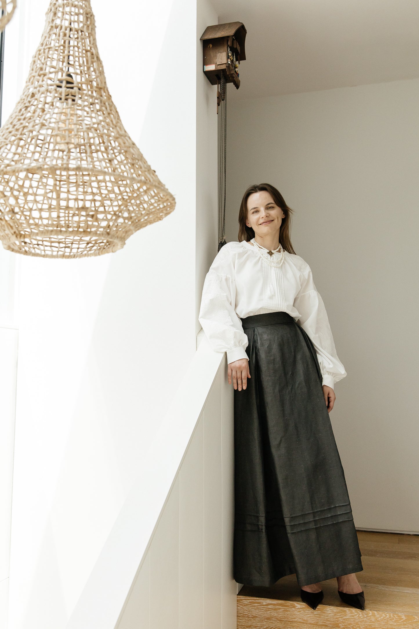 White Embroidered Blouse “Lileya” with Voluminous Sleeves and Vertical Pleated Panel
