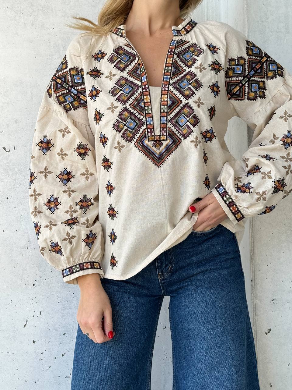 “Melania” Beige Vyshyvanka – Plus Size Ukrainian Embroidered Blouse in Linen-Cotton Blend