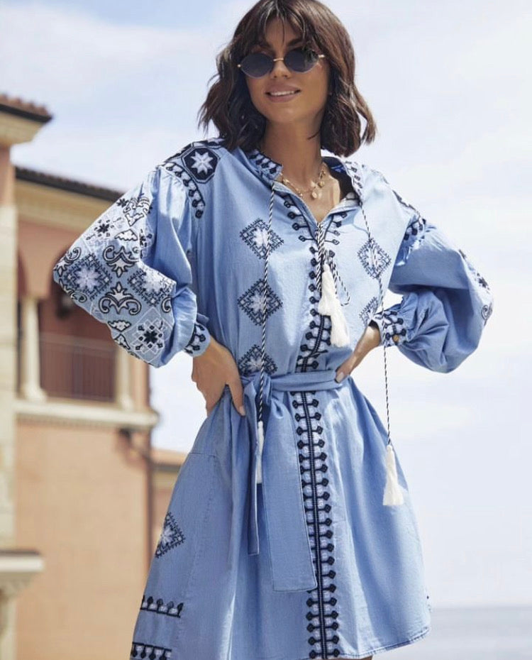 Blue Denim Dress with Dark Blue Embroidery