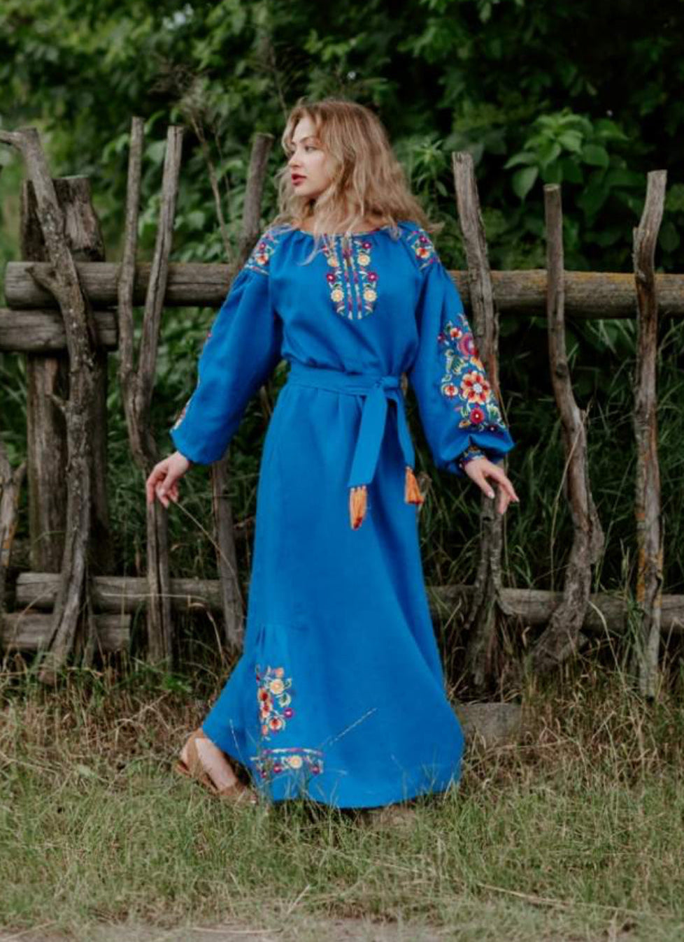 Petrykivska Muse | Blue Embroidered Linen Maxi Dress