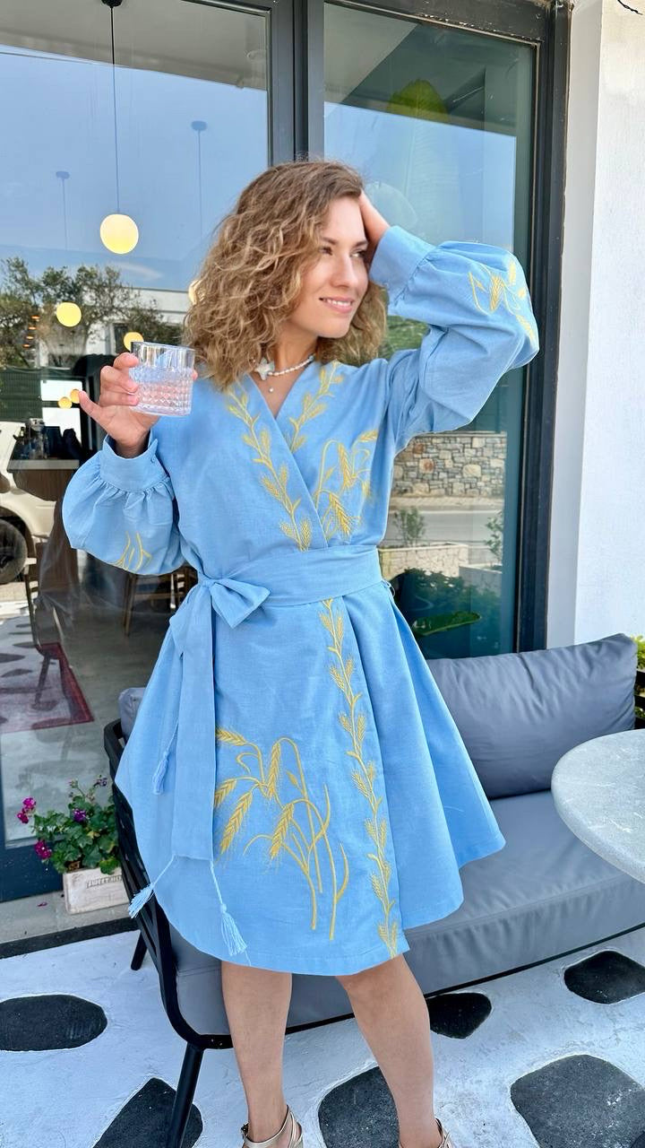 “Nyva” Dress — blue embroidered dress with golden wheat motif
