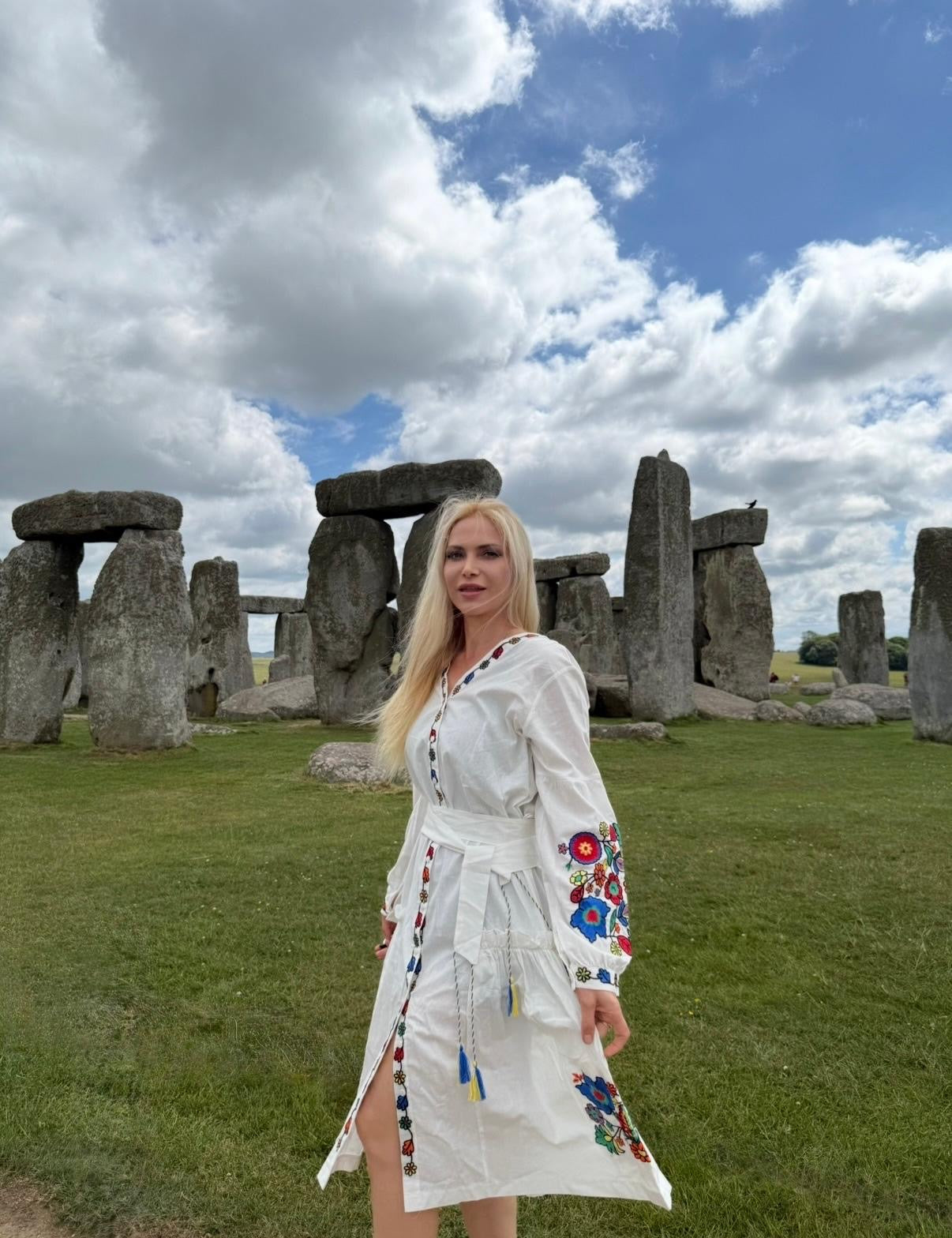 Dress with Belt “Kvіtana” — White Embroidered Midi Dress