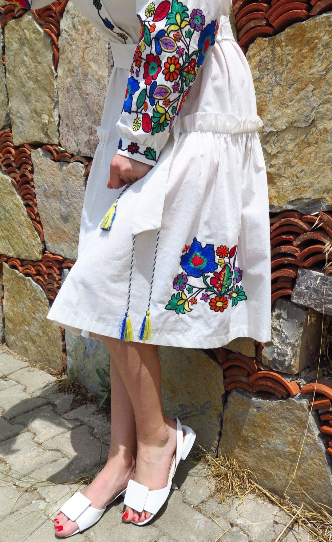 Dress with Belt “Kvіtana” — White Embroidered Midi Dress