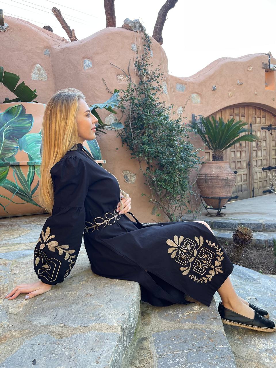 Embroidered Midi Dress "Golden Sheaf"