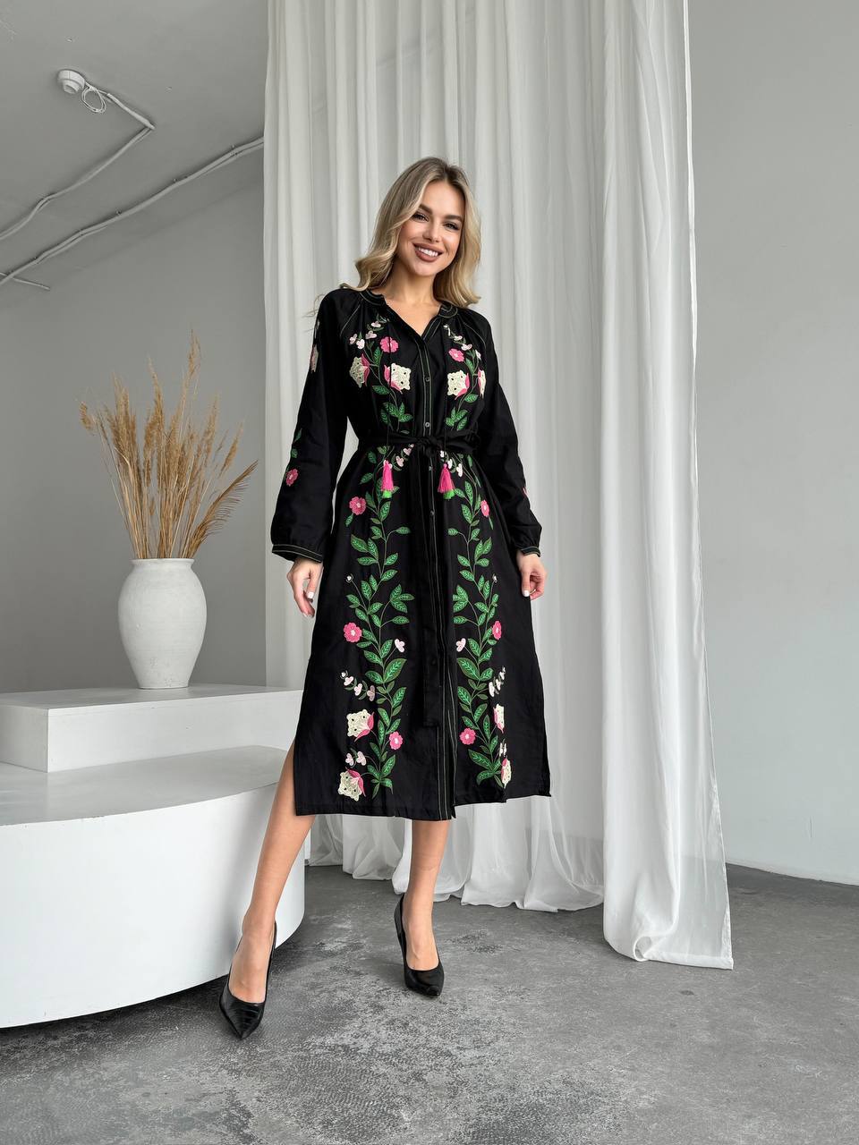 Embroidered Dress “Mysteria” – Black Floral Midi Vyshyvanka