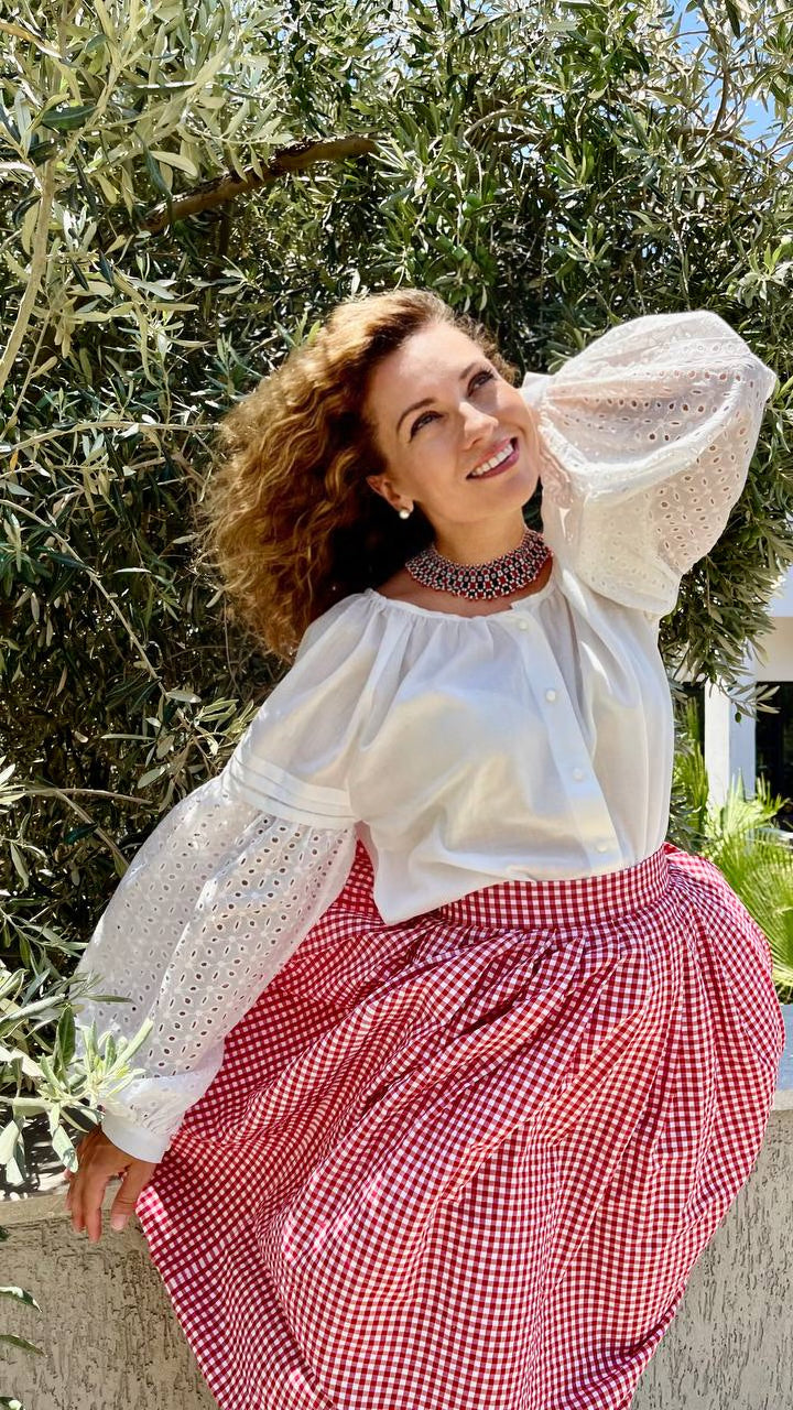 Romantic Midi Skirt – A-Line, High-Waisted, in Red Gingham