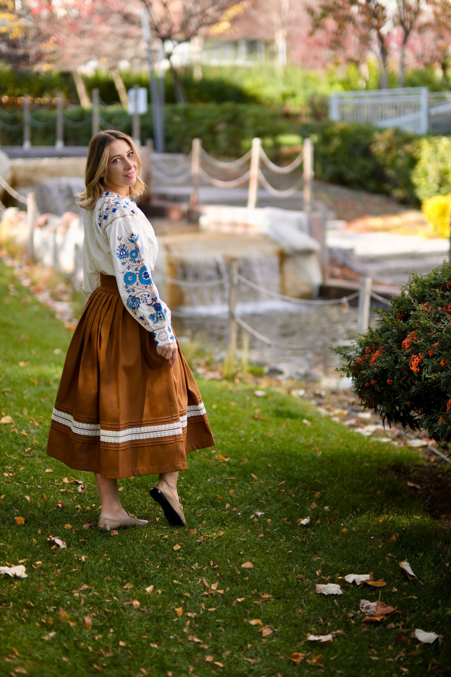 Nezlamna – White Embroidered Blouse with Golden & Blue “Tree of Life” Details | Ukrainian Women’s Shirt