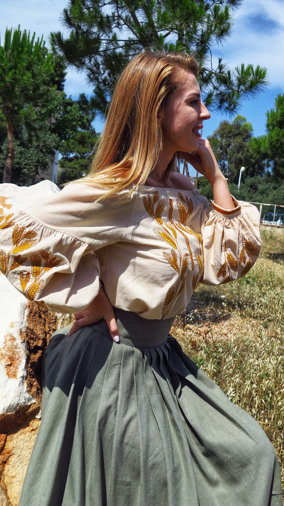 Women’s Linen Blouse with Off-Shoulder Cut “Kolosia” | Embroidered Blouse with Wheat Motif