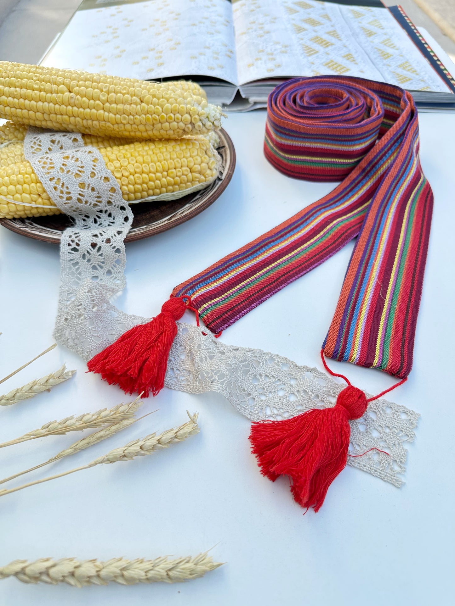 Ukrainian sash “Barvysta” | Ethno striped belt with red tassels