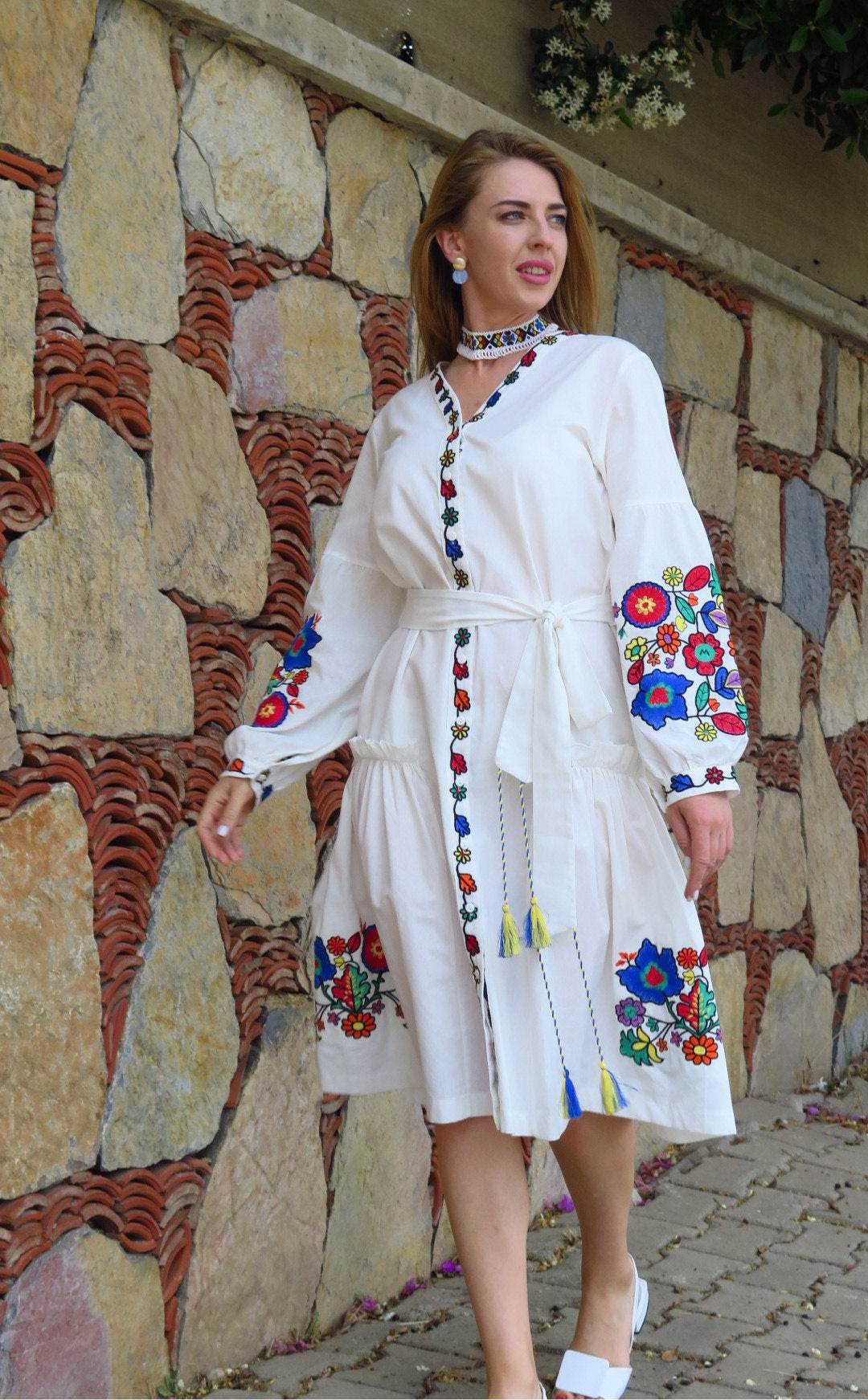 Dress with Belt “Kvіtana” — White Embroidered Midi Dress