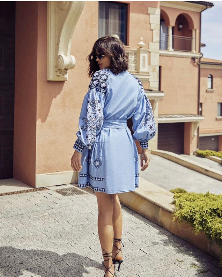Blue Denim Dress with Dark Blue Embroidery