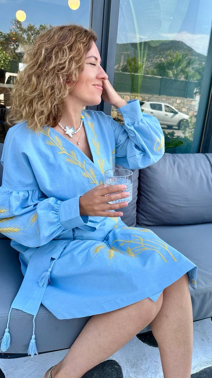 “Nyva” Dress — blue embroidered dress with golden wheat motif