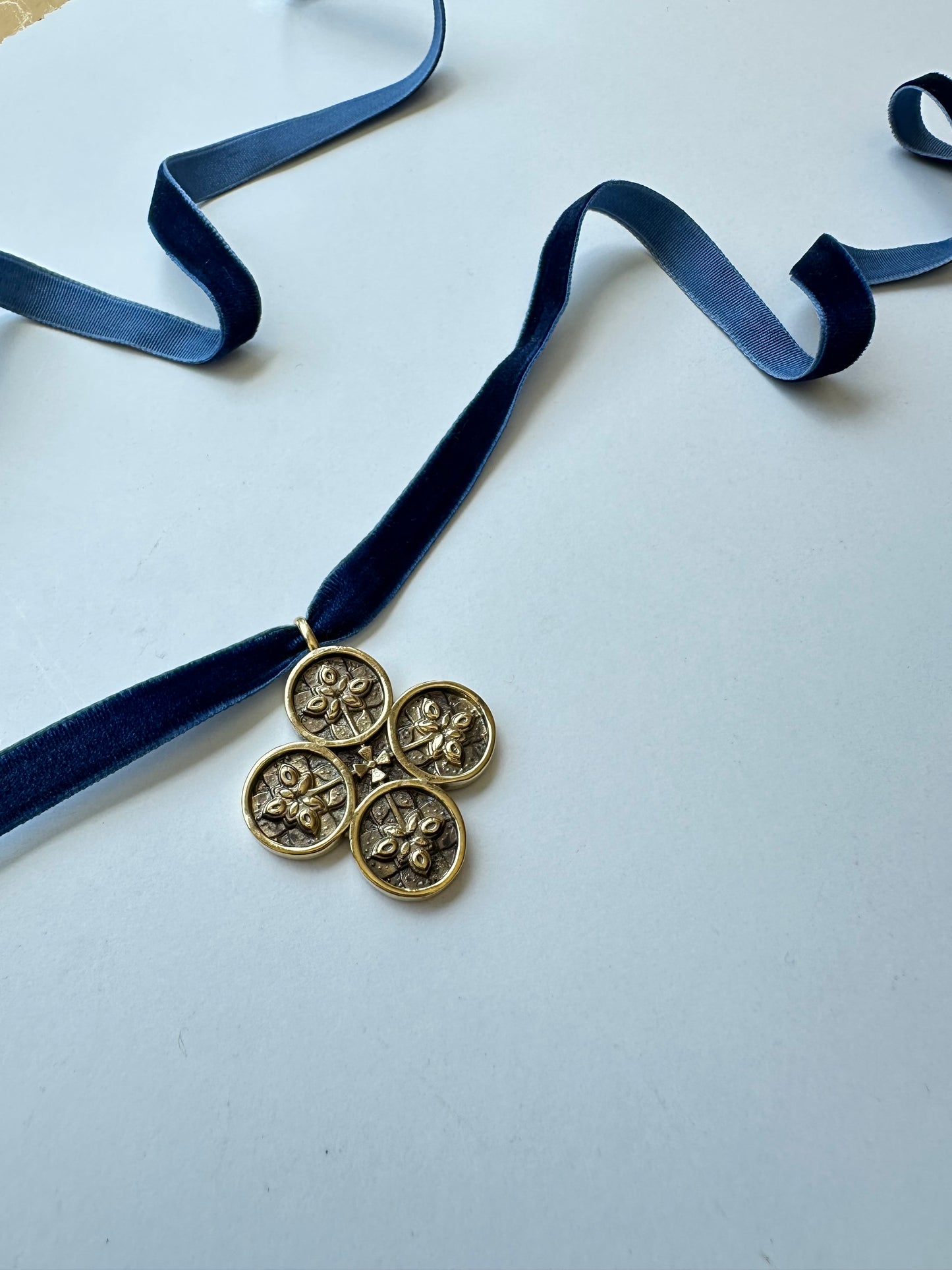 Zgarda “Hutsul Flower” – Brass Pendant with Blackened Finish on Velvet Ribbon | Ethnic Ukrainian Accessory