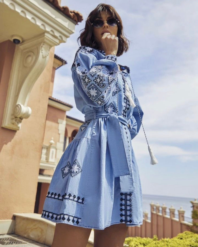 Blue Denim Dress with Dark Blue Embroidery
