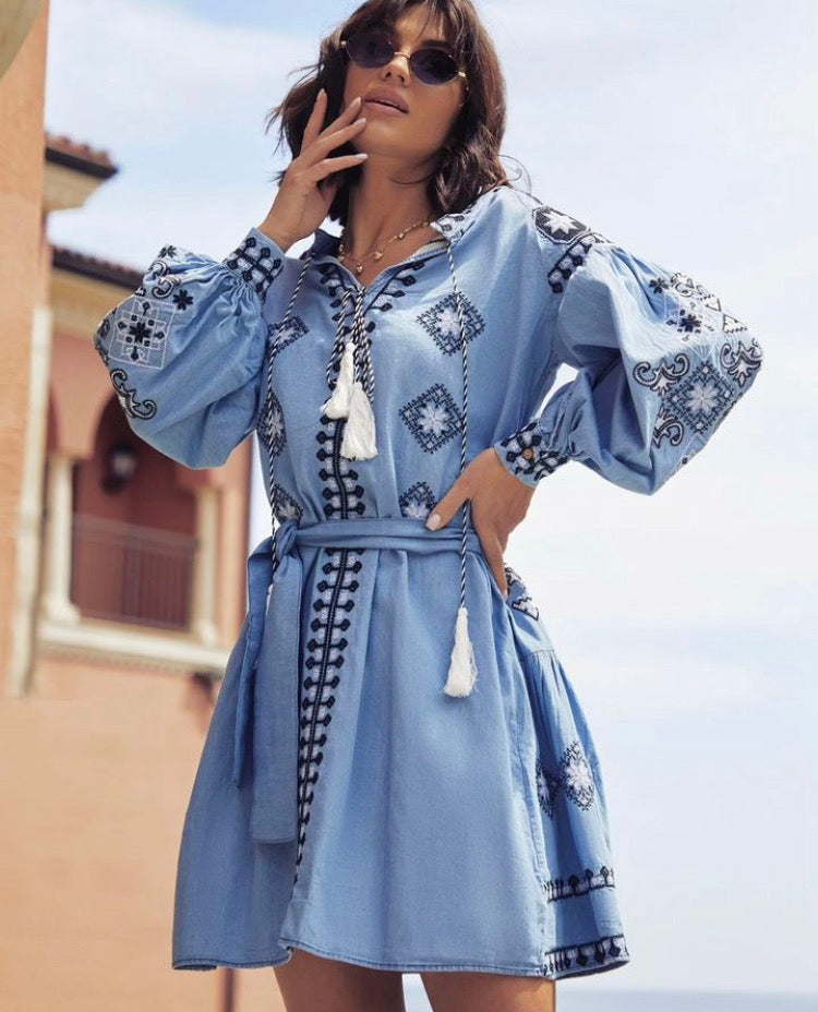 Blue Denim Dress with Dark Blue Embroidery