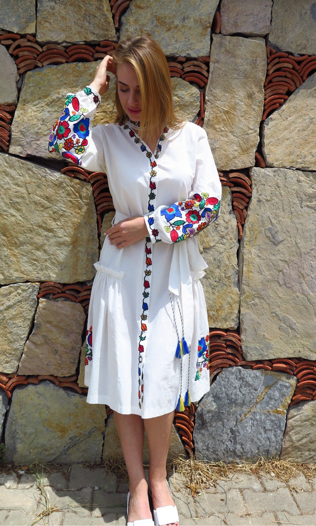 Dress with Belt “Kvіtana” — White Embroidered Midi Dress