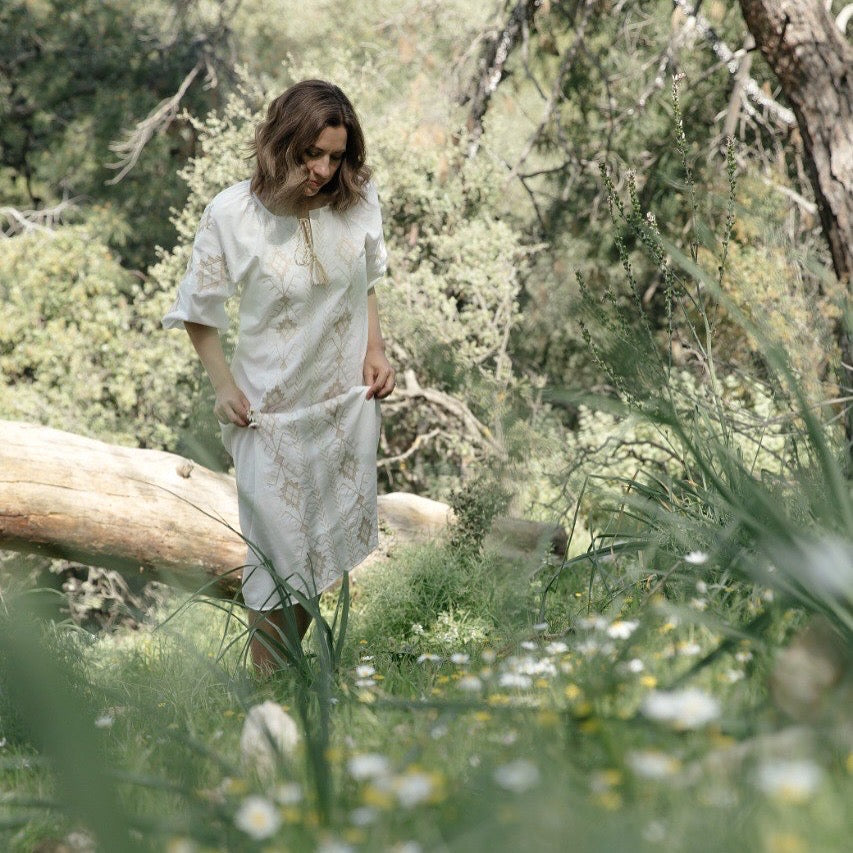 Linen Dress “Kupava” | Embroidered Midi Ethno Dress | Linen Dress for Everyday & Special Occasions
