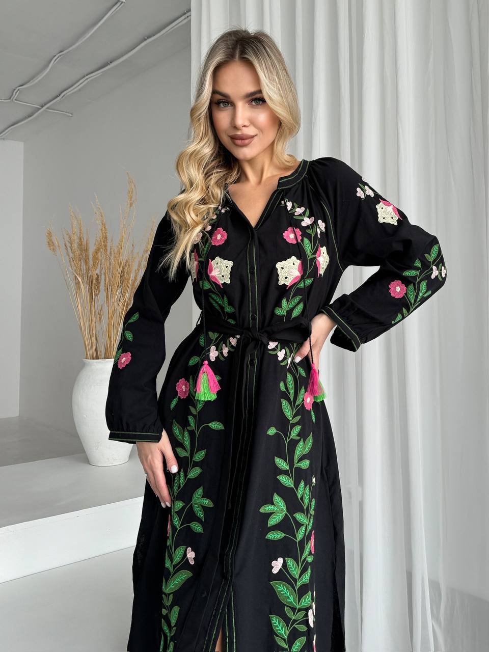 Embroidered Dress “Mysteria” – Black Floral Midi Vyshyvanka