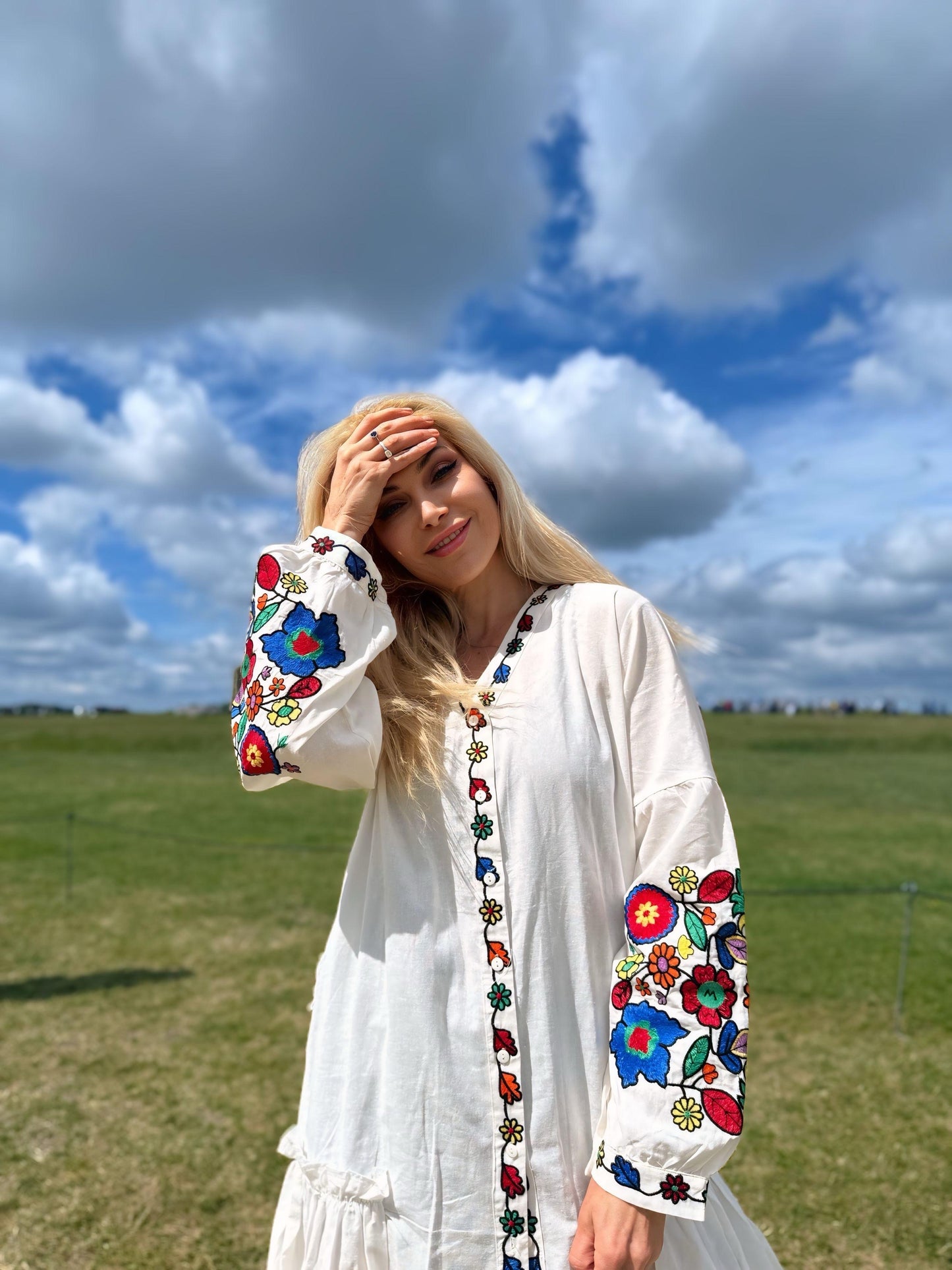 Dress with Belt “Kvіtana” — White Embroidered Midi Dress