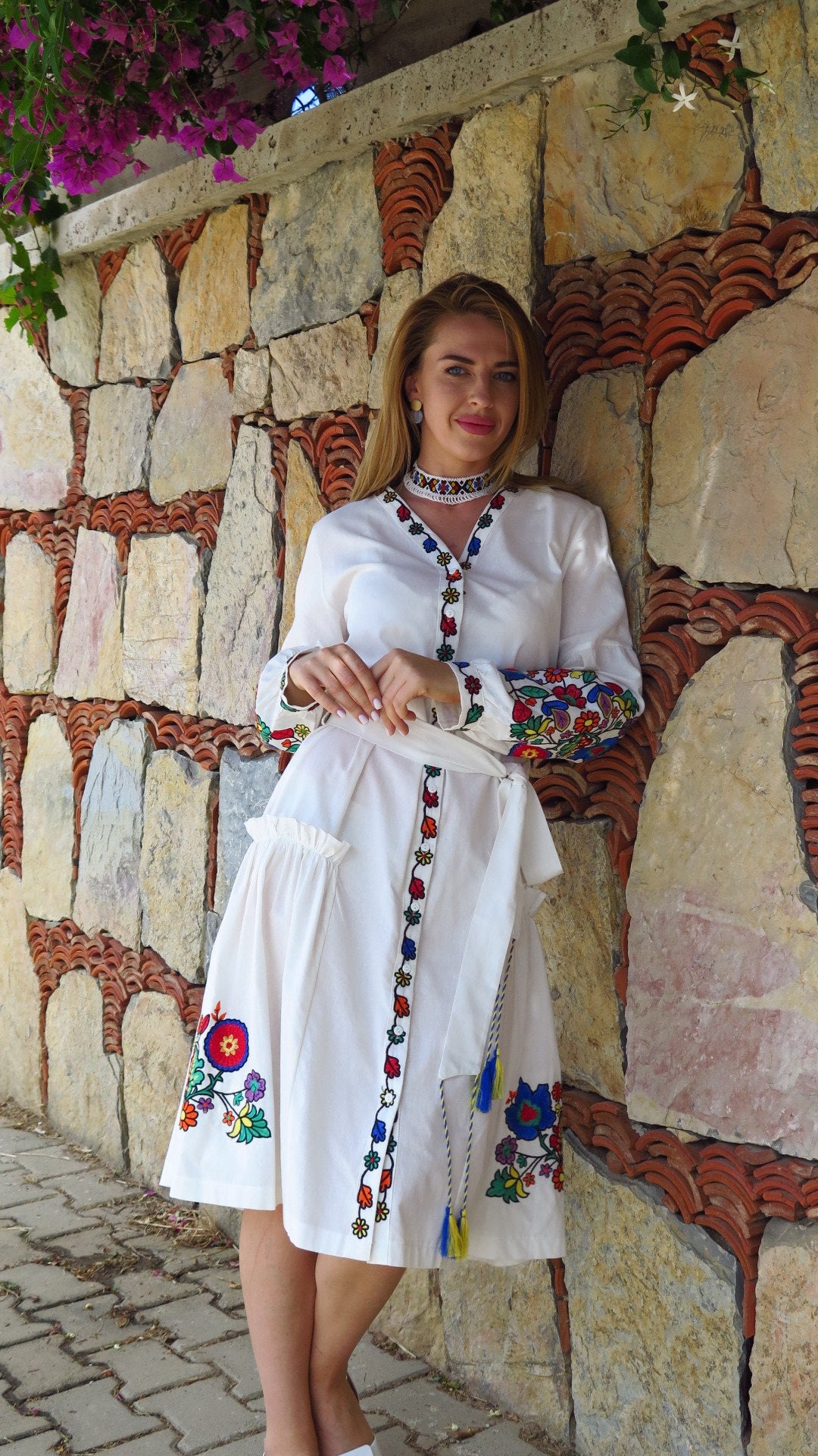 Dress with Belt “Kvіtana” — White Embroidered Midi Dress
