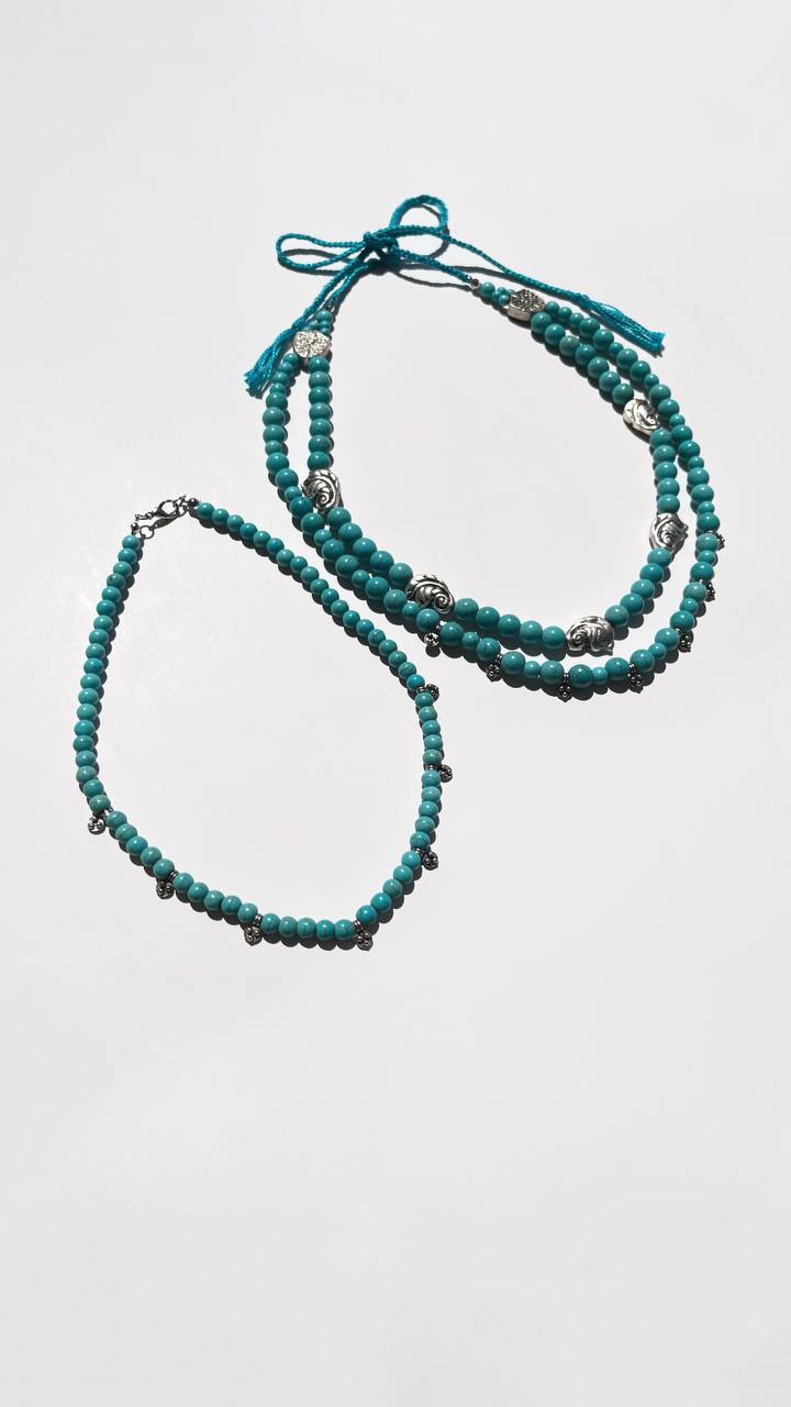 “Blue Leaves” Necklace Set | Double-Strand Turquoise Necklace and Choker