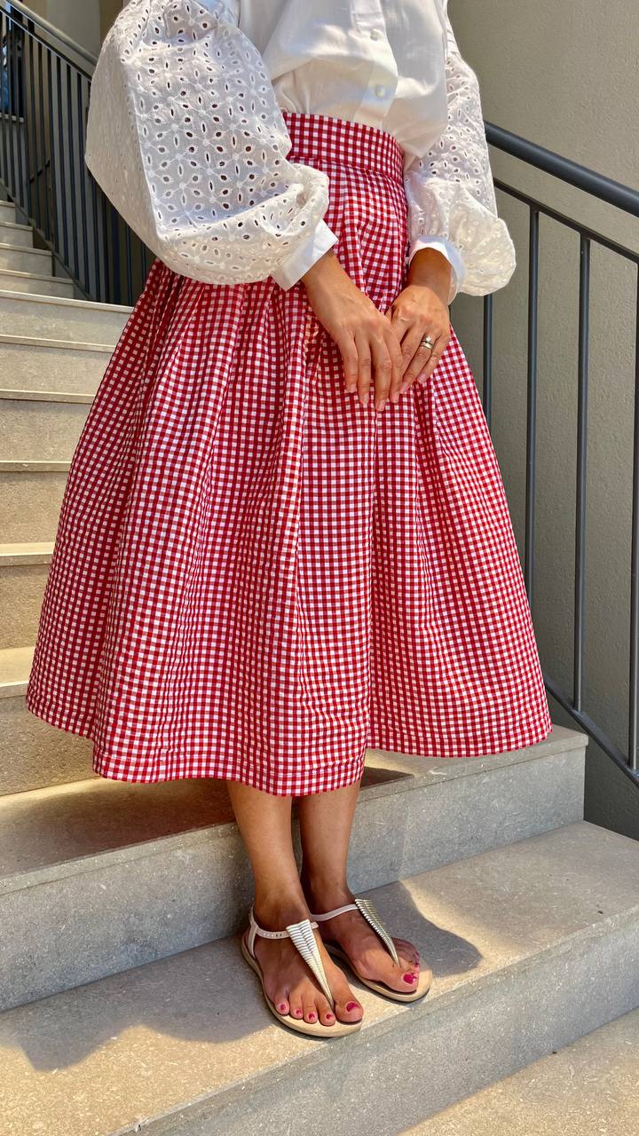 Romantic Midi Skirt – A-Line, High-Waisted, in Red Gingham