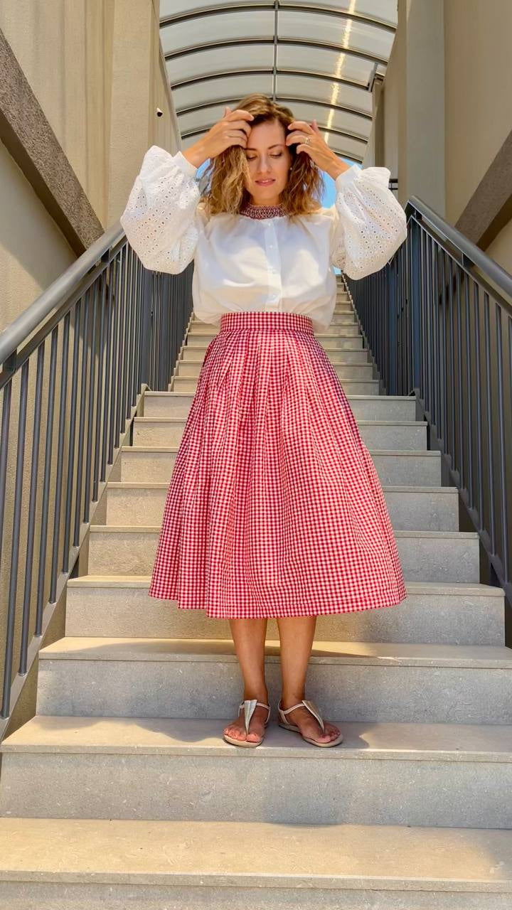 Romantic Midi Skirt – A-Line, High-Waisted, in Red Gingham
