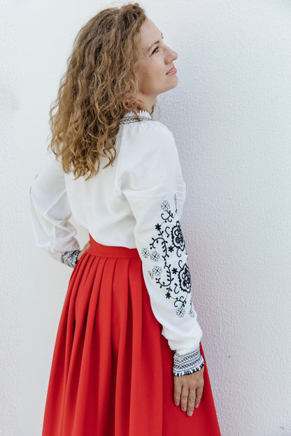 Red pleated midi skirt “Kalyna” – viscose blend ethnic style by Goya concept