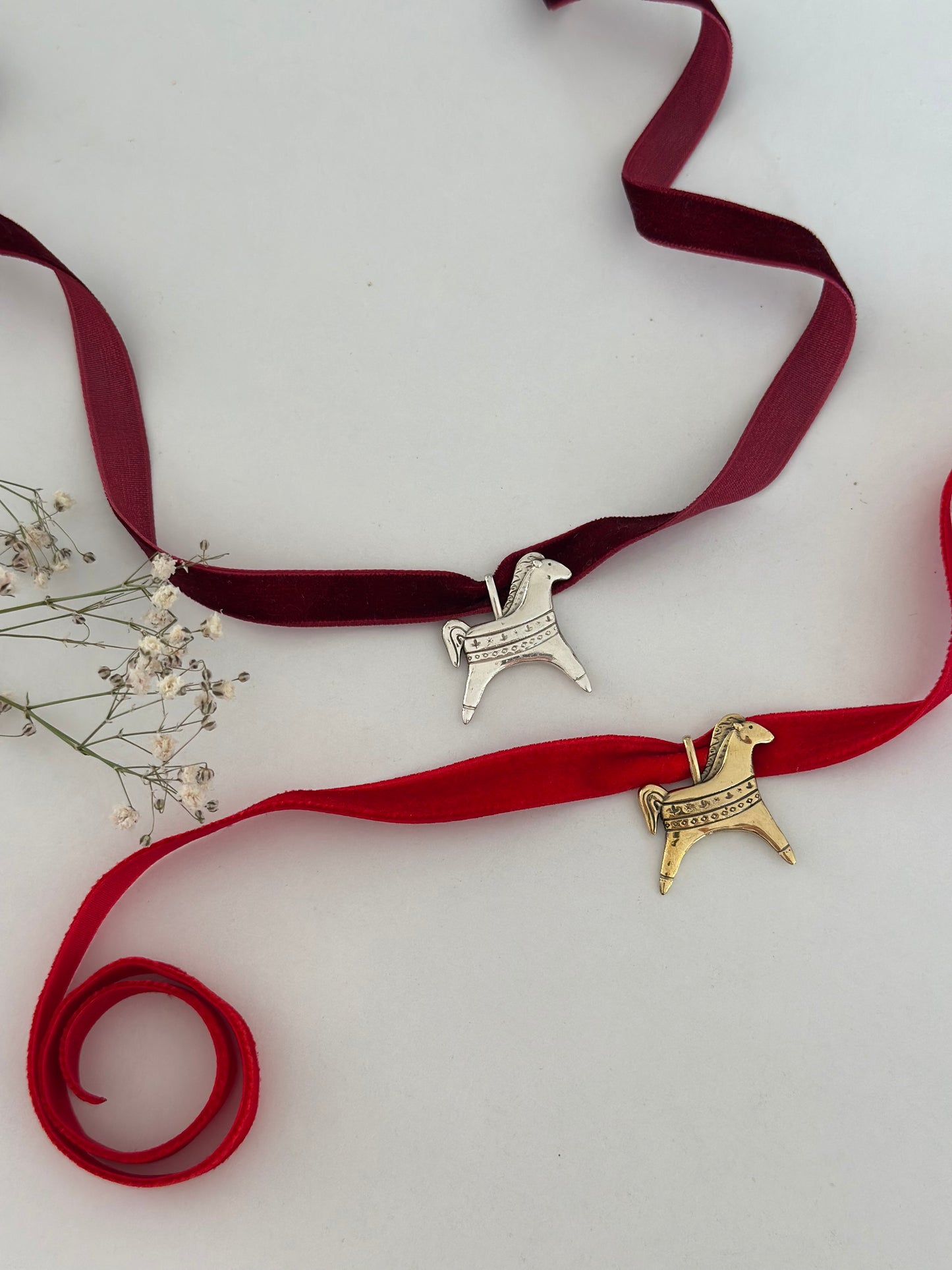 Konyk Brass Horse Pendant Necklace with velvet ribbon