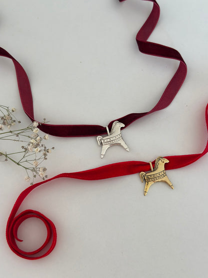 Konyk Brass Horse Pendant Necklace with velvet ribbon