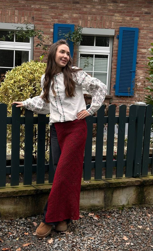 Rosava Shirt | Geometric Embroidery, Ethnic Pattern, Cherry and Turquoise Accents