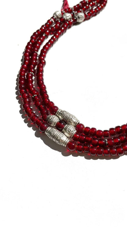 Stylish Three-Row Necklace “Garnet Wonder” with Decorative Beads