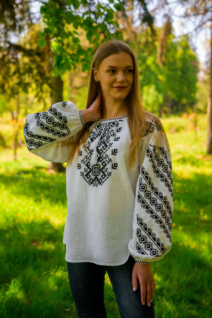 Bazhena Embroidered Linen Blouse — Black Geometric Embroidery