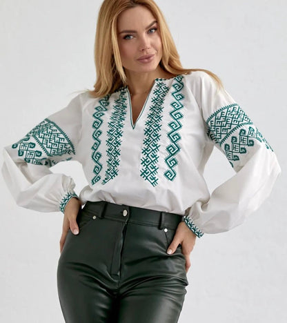 Ethno Blouse with Green Embroidery “Podilska”