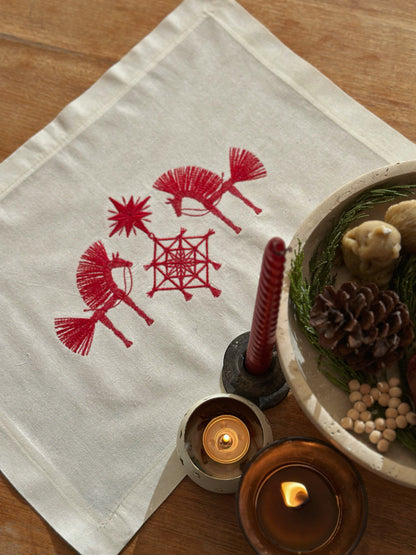 Christmas Horses Table Runner | Red Cotton Embroidery Napkin