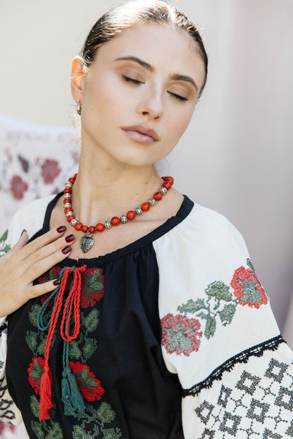 Heart of Heritage – Red Howlite Beaded Necklace with Silver Dukach Pendant | Goya Concept Jewelry