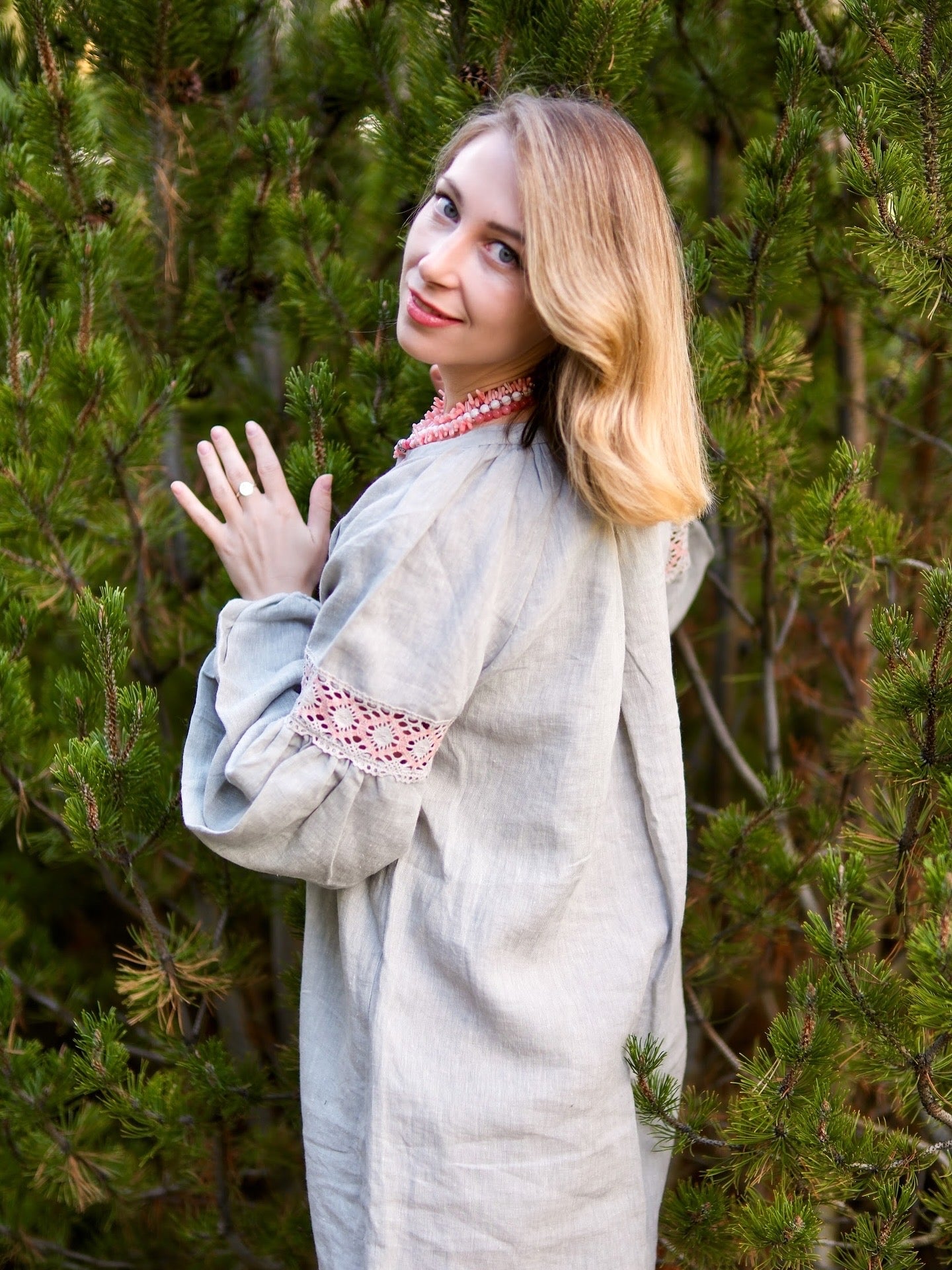 Gentle Dawn Boho Linen Dress in Sage Grey | Long Linen Dress with Lace Details