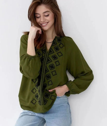 Myroslava Khaki Blouse with Black Geometric Embroidery