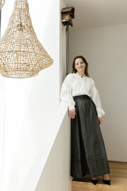 White Embroidered Blouse “Lileya” with Voluminous Sleeves and Vertical Pleated Panel