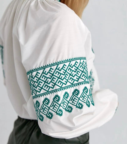 Ethno Blouse with Green Embroidery “Podilska”