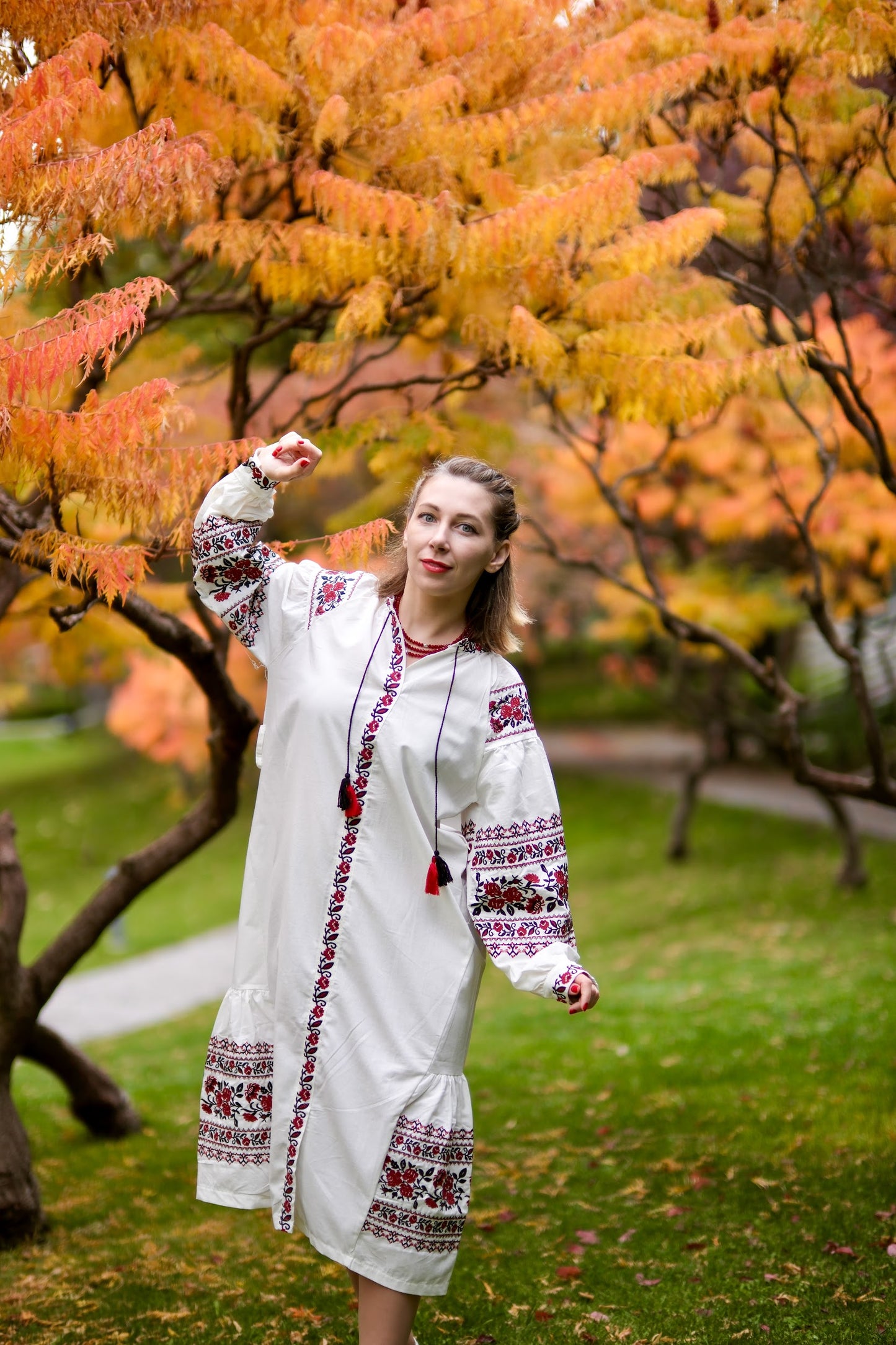 Troyanda Embroidered Linen Cotton Midi Dress – Ukrainian Floral Vyshyvanka