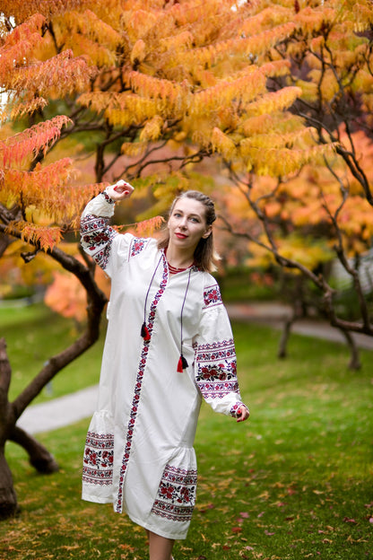 Troyanda Embroidered Linen Cotton Midi Dress – Ukrainian Floral Vyshyvanka