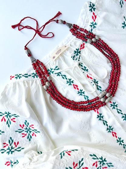 Stylish Three-Row Necklace “Garnet Wonder” with Decorative Beads