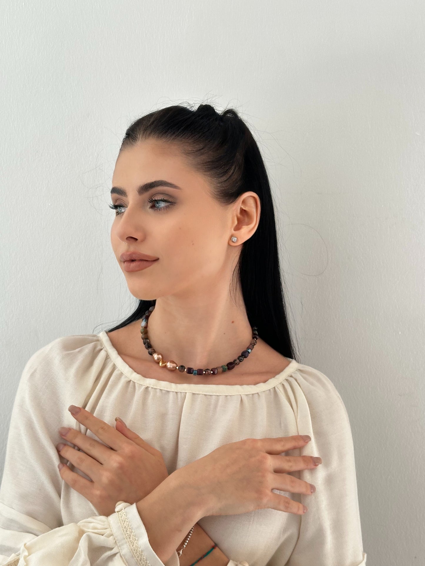 Pysanka Agate & Baroque Pearl Choker | Minimalist Necklace