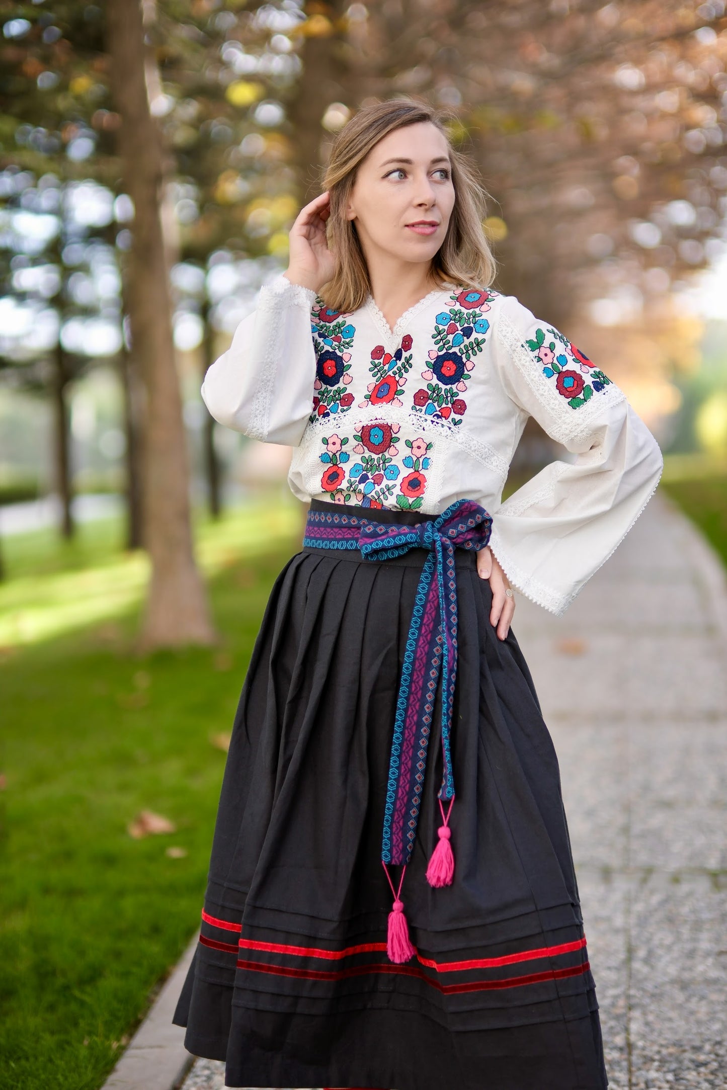 Blue Zorianytsia Woven Sash with Geometric Pattern and Pink Tassels