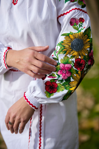 Svitlana – White Embroidered Dress with Sunflowers & Red Floral Sleeves | Ukrainian Cotton Dress
