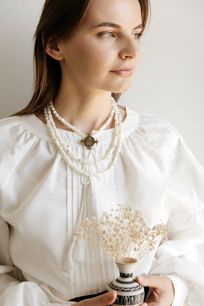 Three-Strand Mother-of-Pearl Necklace “Siaivo” — White Ukrainian Necklace with Dukach Pendant